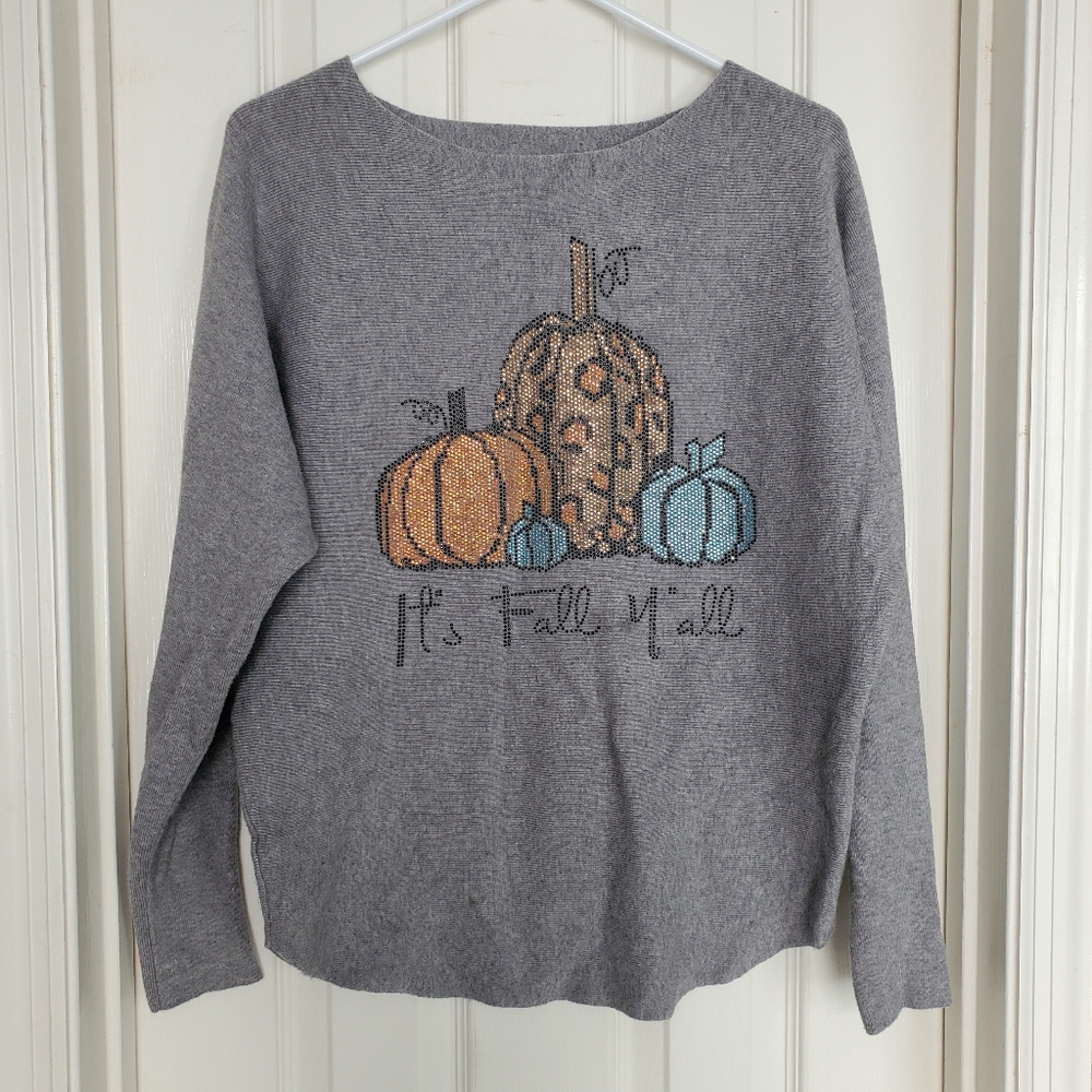 Gray Boat Neck Knit Sweater‎ Top Pumpkin Graphic Ribbed Texture Fall Yall M/L